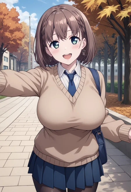 score_9, score_8_up, score_7_up, source_anime,
detailed eyes, eye reflection,
ai, short hair, brown hair, green eyes, braid, side braid,
huge breasts,
earrings,
necktie, blue necktie,
sweater, brown sweater,
shirt, white shirt, collared shirt,
skirt, pleated skirt, blue skirt,
pantyhose, black pantyhose,
outdoors, autumn,
1girl, blush, laugh,
reaching to viewer,