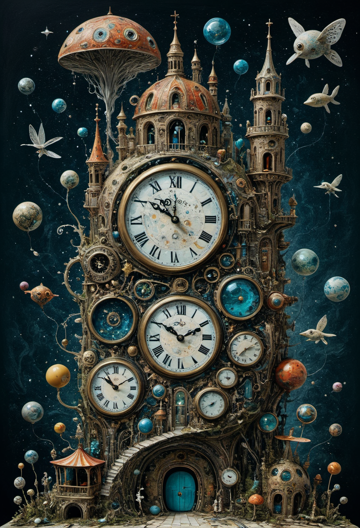 time illustrated as a dimension consisting of both space and substance as the viewer travels through it,a confusion of styles and techniques merged together to create whimsical imaginative masterpiece,intricately detailed masterpiece