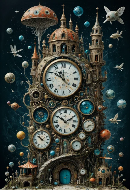 time illustrated as a dimension consisting of both space and substance as the viewer travels through it,a confusion of styles and techniques merged together to create whimsical imaginative masterpiece,intricately detailed masterpiece