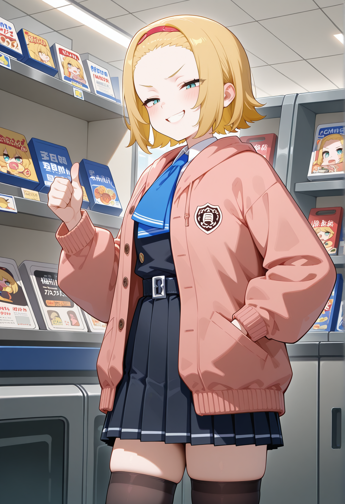 1girl, blonde hair, short hair, aqua eyes, forehead, hairband, school uniform, vest, ascot, belt, pleated skirt, pink hoodie, open hoodie, black thighhighs, smug, teeth, half-closed eyes, thumbs up, indoors, convenience store,  <lora:ellens_friends:1>, masterpiece, best quality, amazing quality, very aesthetic, absurdres, highres, newest
