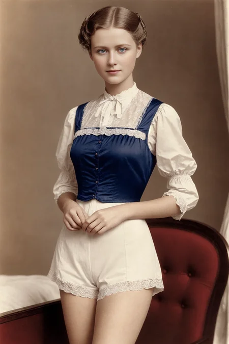 1910's photograph of 18 year old jp-svetmil-v2a-1000, Gibson Girl updo, pale complexion wearing Cotton camisole with lace trim and embroidered details, full-length bloomers , Edwardian bedroom , Kodak Brownie No. 2, 100mm f/11, 1/20s, ISO 25, Autochrome , <lora:add_detail:0.5>