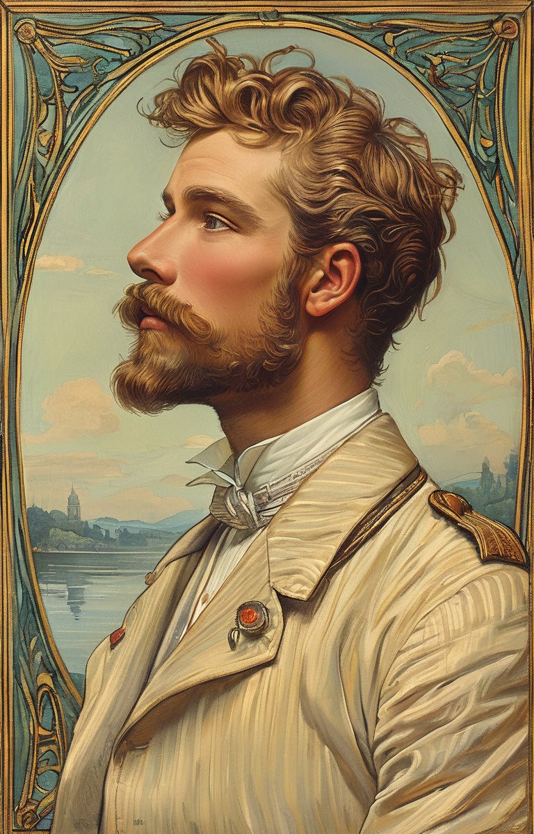masterpiece,best quality,<lora:tbh132-sdxl:0.8>,portrait of man,illustration,style of Walter Crane,