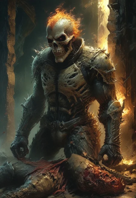 Full body warrior ghost rider after battle bruised, sleepy , sleepy face, open mouth, Stand and brush teeth in front of the mirror., blood every where, dead body on ground, side view, look at his hand, light night, intricate, elegant, sharp focus, illustration, highly detailed, digital painting, concept art, matte, art by wlop and artgerm and ivan shishkin and andrey shishkin, masterpiece, <lora:add-detail-xl:1>, <lora:xl_more_art-full_v1:0.75>