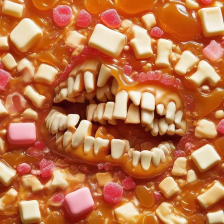 molar teeth in glistening syrup of gooey caramel, advertisement fragmented, open mouth, broken jawbone made of candy