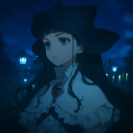anime coloring, score_9, score_8_up, score_7_up, score_6_up, jane elves, toaru, 1girl, dark, green eyes, night, long hair, black hair, hat, bow, caplet, frilly dress