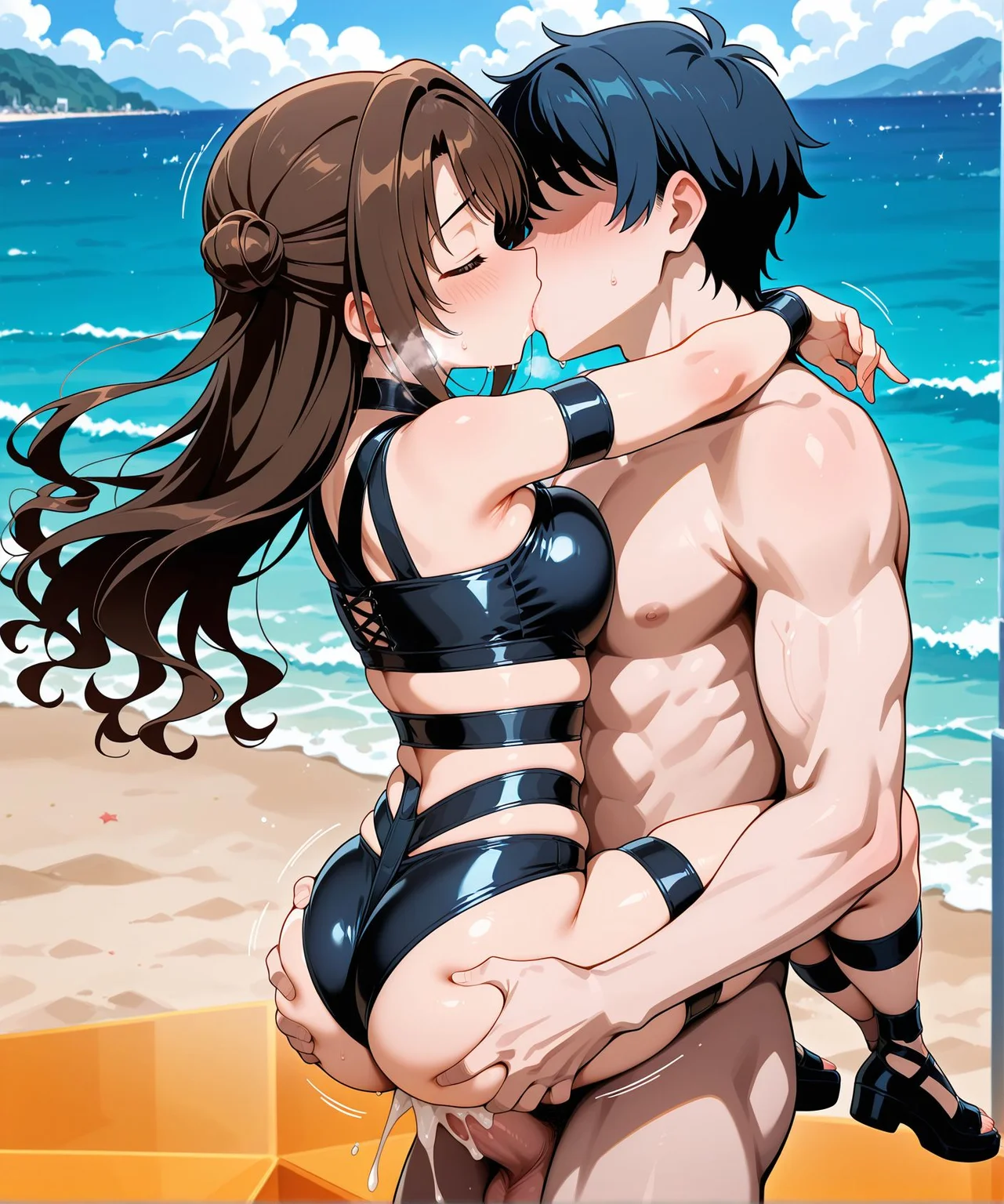 <lora:add-detail-xl:0.5>,,masterpiece,best quality,anime coloring,anime screenshot,
suspended congress, 1boy, sex, vaginal,kiss,
penis,cum in pussy, heavy breathing, moaning, 
motion lines, motion blur, leglock,ass grab,
<lora:Strappy_bodysuit:0.8>Strappy_bodysuit,
Star-shaped stage,Star base,sea,
wearing strappy bondage outfit, black harness costume, 
exposed skin, performance stagewear,
Bondage-style costume, 
muscular male, 
faceless male, 
shimamura uzuki, 
milf,20YO, outdoors,