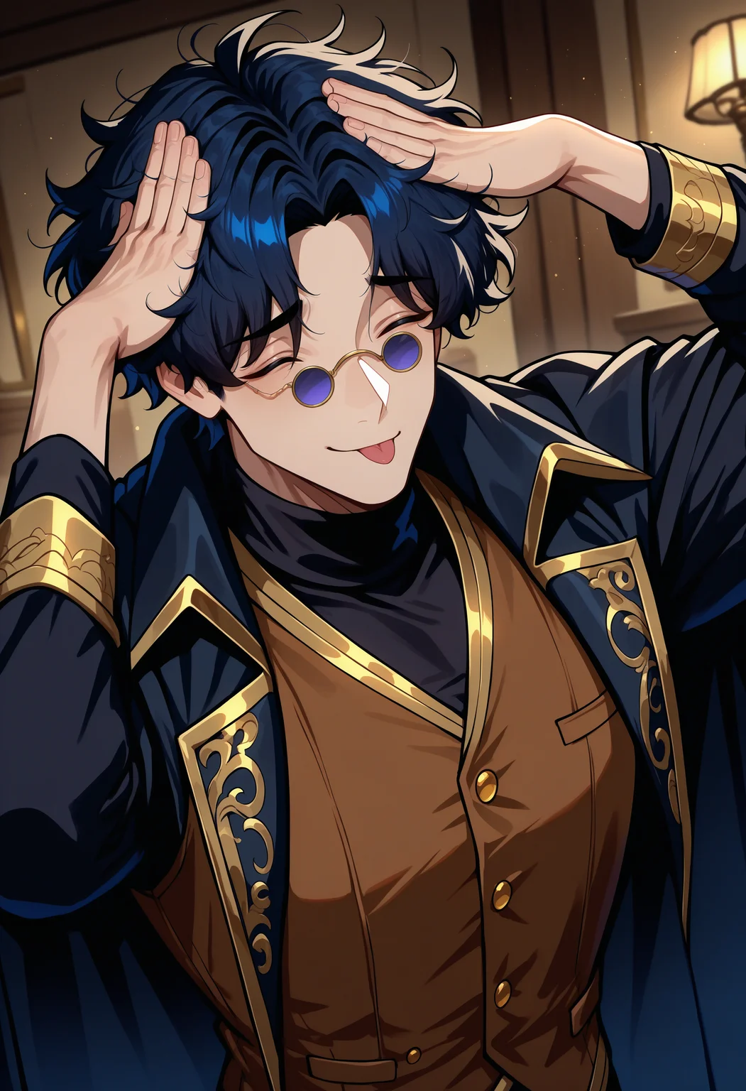 masterpiece, best quality, newest, absurdres, highres, AhEtoBlehMeme, closed eyes, tongue out, :p, hands on own head, smile, <lora:AhEtoBlehMeme_illusXLNoobAI_Incrs_v1-000008:1>, upper body, indoors, <lora:Noel-M-aaaaa-t1:1> 1boy, male focus, black hair, messy hair, black turtleneck, thick hair, black clothes, gold trim, bangs, brown vest, gold buttons, pince nez, shirt under vest, black coat, short hair, adult, aged up,