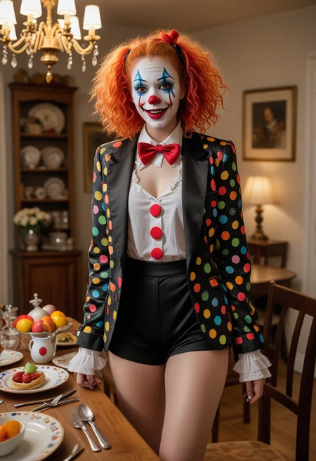 (medium full shot) of  (supermodel clown) young woman, red plastic nose, white face paint, frizzy hair,  wearing a black  oversized colorful blazer,satin shorts,oversized clown shoes, polka-dot suspenders, colorful eyeshadow, set in  Dining Area, Inviting setup with a wooden dining table set with colorful placemats and dinnerware, cushioned chairs surrounding the table, a chandelier casting a soft glow overhead, a sideboard displaying decorative dishes and serving trays, fresh flowers in a vase centerpiece, at night, woman surprised, open mouth, running toward the viewer, Masterpiece,best quality, photo, realistic, very aesthetic, detailed face,