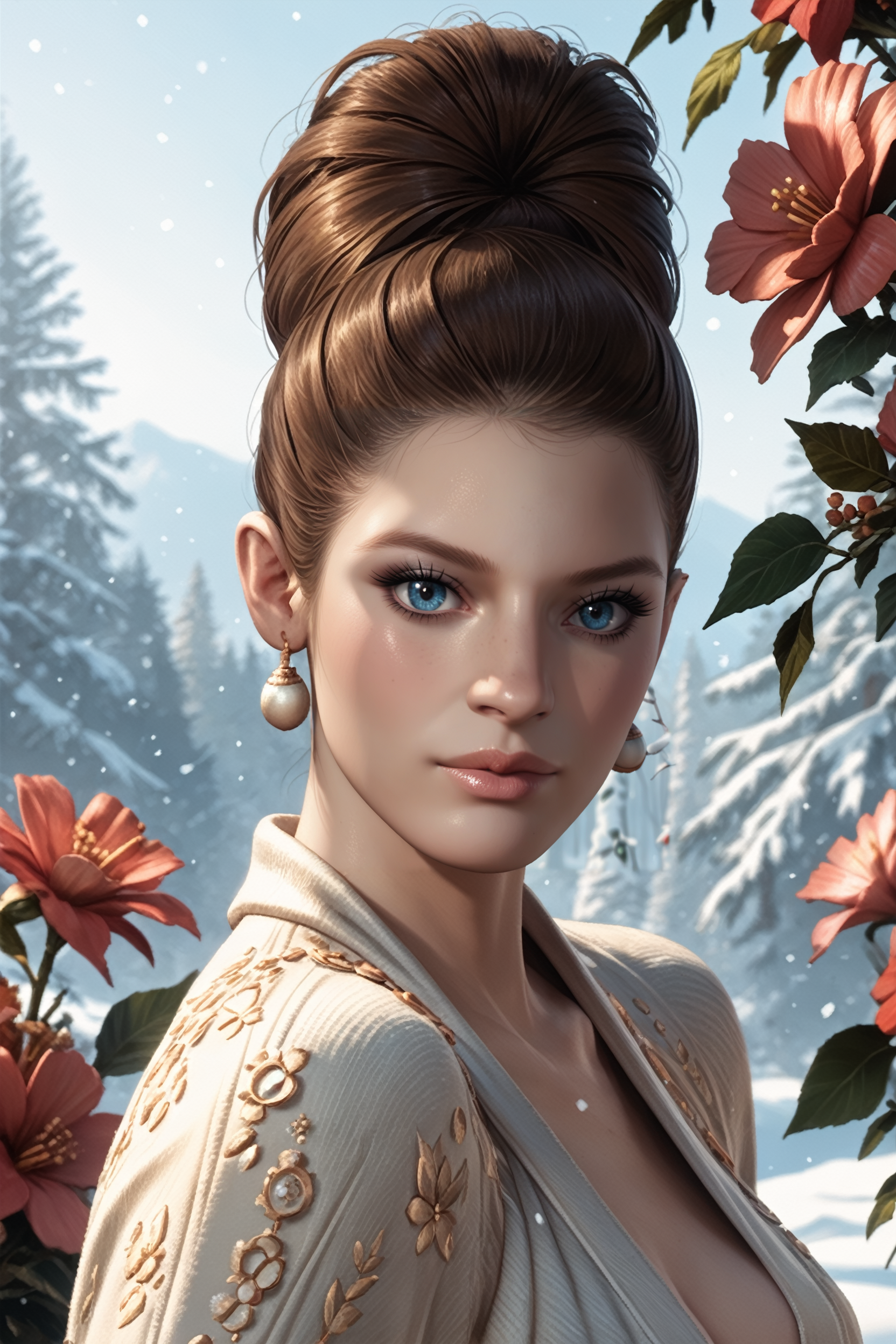 score_9, score_8_up, score_7_up, score_6_up
<lora:RE5Excella:0.8>
RE5Excella, 1girl, brown hair, blue eyes, hair updo, looking at viewer, in winter,seasonal flower,seasonal background,flower background, posing
