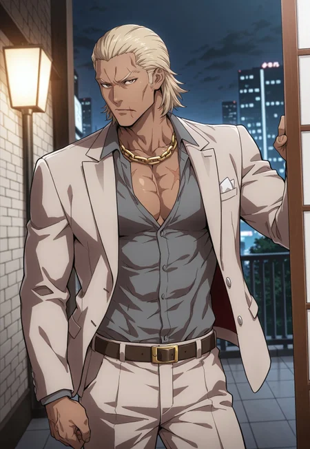 cowboy shot, (solo), 1boy, motion lines, male focus, full-length portrait, standing, 
masculine face, daddy looking face, masculine, wrinkle, Villain, thug, bouncer,
Yakuza, Japanese, blonde hair, medium hair, sideburns, slick back hair, Brown eyes, No beard, Inuyashiki, <lora:Inuyashiki-000005:0.4>, 
Serious expression, 
Light Brown suit, dark grey shirt, suit pants, golden neck chain, elegant man, 
toned body, lean body, slim body,
Dark skin, scar on right side of mouth,
Muscled, narrow waist,
detailed face, detailed body, detailed eyes, perfect anatomy,
masterpiece,best quality,amazing quality,
k0n0hanaya, <lora:-Konohanaya-000017:0.6>,
<lora:cfg_scale_boost:0.2>, <lora:add-detail-xl:0.2>, <lora:NAI_QualityV1.1:0.2>,
Outdoors, night club entrance, shinjuku