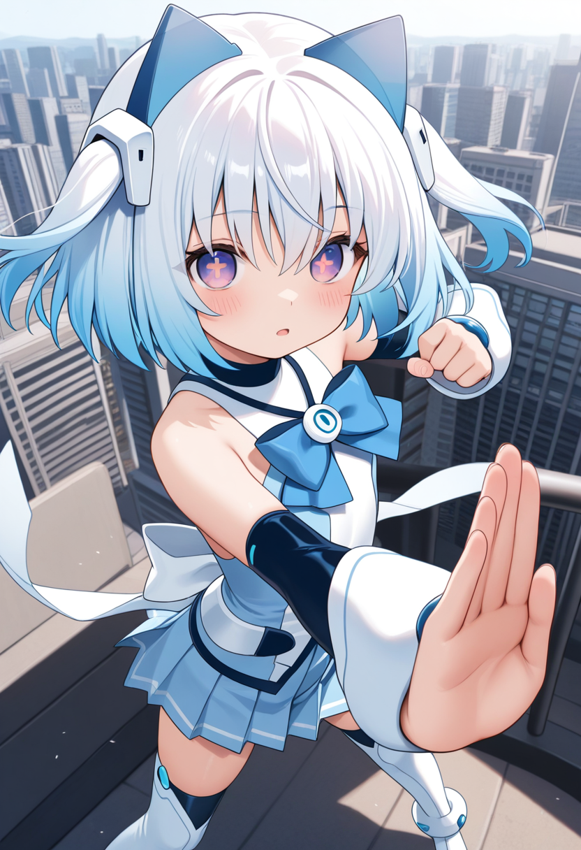 1000-chan, blue hair,  animal ears, cat ears, purple eyes, gradient eyes, short hair, gradient hair, white hair ornament, symbol-shaped pupils, flatchest,
blue bow, bare shoulders, arm warmers, white anklet, blue detached sleeves, blue pleated skirt, zettai ryouiki,black thighhighs, blue thigh boots,
 <lora:1000-chan_Illustrious-XL-2.0_v1:1>, masterpiece,best quality,amazing quality, solo,1girl,, standing, (dynamic pose,fighting stance), open mouth, blush,expressionless
looking at viewer,(upper body, close-up),
(outdoors,city )