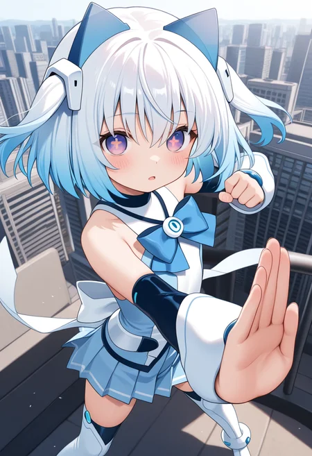 1000-chan, blue hair, animal ears, cat ears, purple eyes, gradient eyes, short hair, gradient hair, white hair ornament, symbol-shaped pupils, flatchest,
blue bow, bare shoulders, arm warmers, white anklet, blue detached sleeves, blue pleated skirt, zettai ryouiki,black thighhighs, blue thigh boots,
<lora:1000-chan_Illustrious-XL-2.0_v1:1>, masterpiece,best quality,amazing quality, solo,1girl,, standing, (dynamic pose,fighting stance), open mouth, blush,expressionless
looking at viewer,(upper body, close-up),
(outdoors,city )