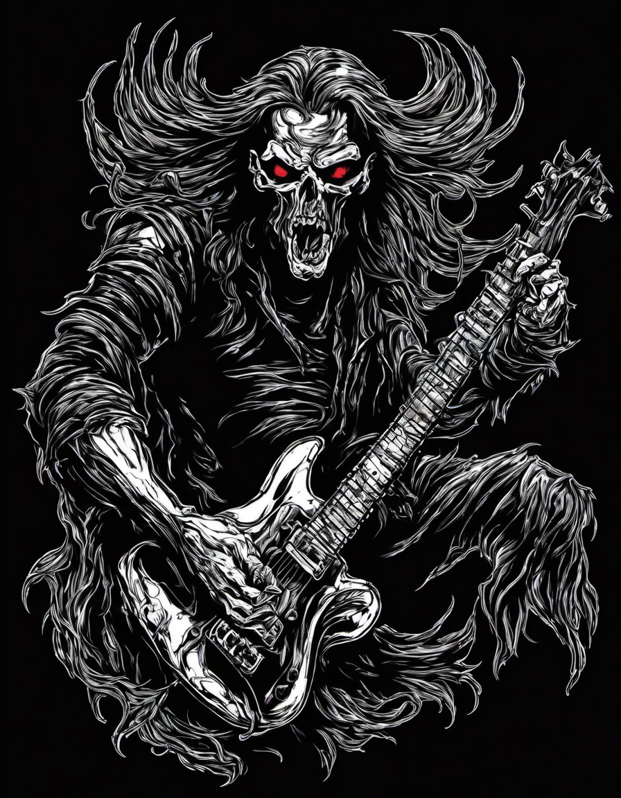 metal_tee, a demonic heavy metal rocker, vector digital illustration, (black background:1.5) <lora:metal_tee_sdxl:1>
