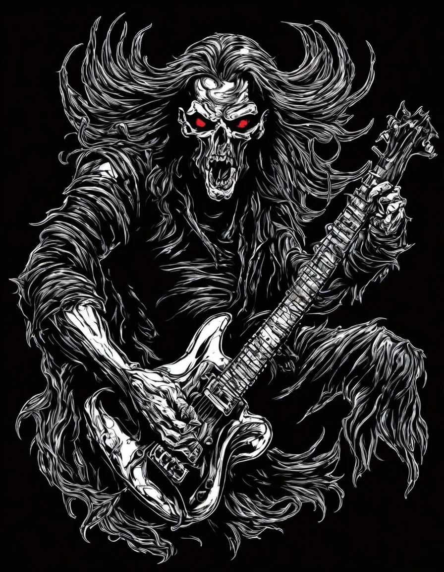 metal_tee, a demonic heavy metal rocker, vector digital illustration, (black background:1.5) <lora:metal_tee_sdxl:1>