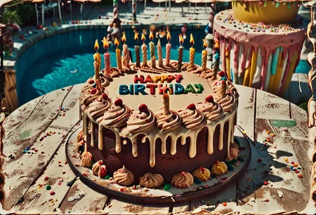 35mm Vintage photo of an ais-bday cake, (text 'Happy Birthday') on a table with ice cream, on back terrace in the bright midday sunlight