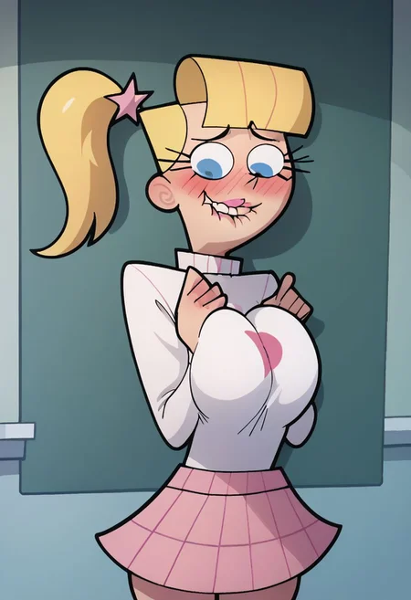 score_9, score_8_up, score_7_up solo, 1girl, vstar, big boobs, blonde hair ponytail, blue eyes, pink lips, pink skirt, white turtleneck, medium boobs elbow squeeze, breasts squeezed together, classroom, blushing, biting lip