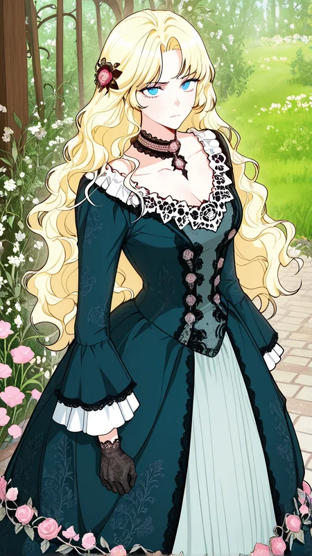 masterpiece,best quality,amazing quality, newest, high res, clean lines, thick lines
1girl, solo, il_lariette, blue eyes, blonde hair, long hair, wavy hair, parted bangs, medium breasts, baroque side hair accessory with flower design, victorian choker, gown, dark teal dress, lace, frills, long sleeves, gloves
serious, garden, outdoors, looking at viewer, walking