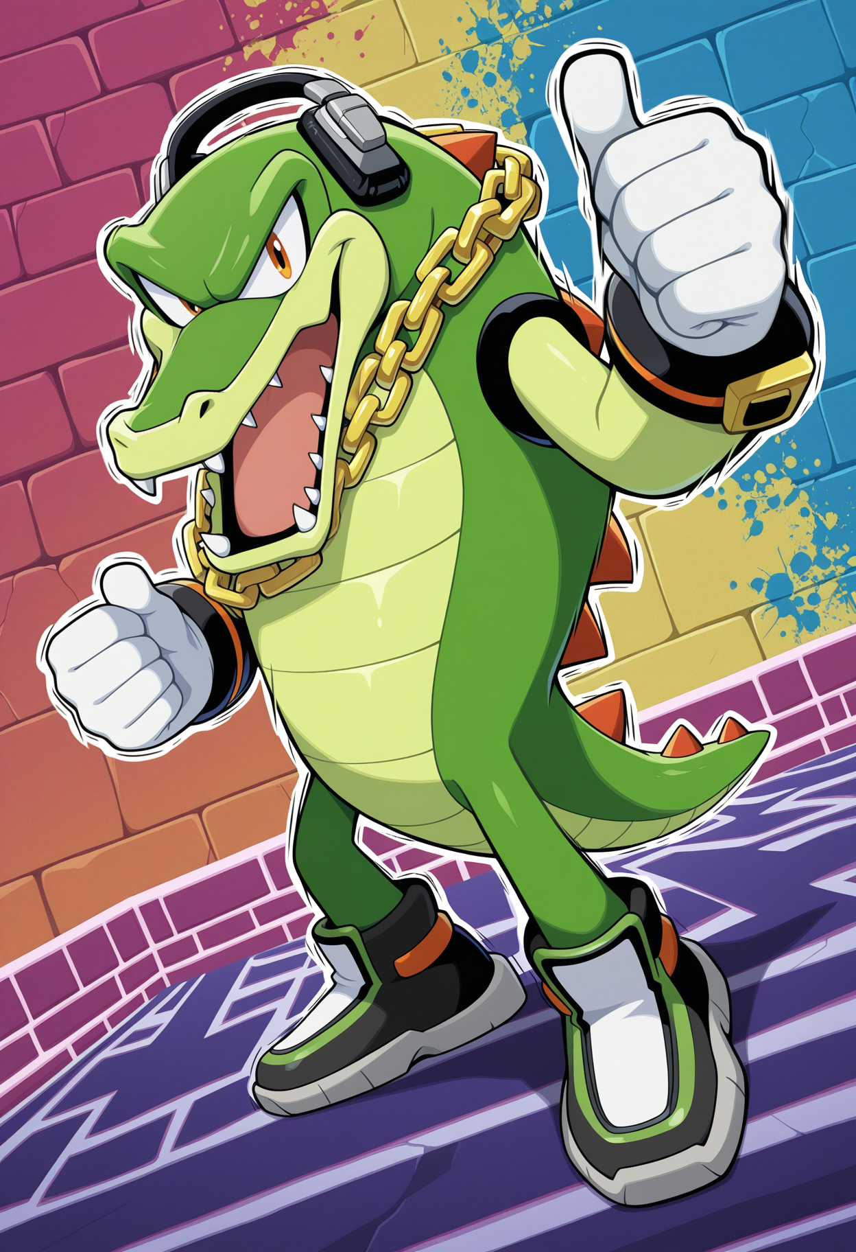 1boy, solo, sega, toony, vector the crocodile, green body, chain necklace, headphones, white gloves, open mouth, jewelry, shoes, alligator, dutch angle, abstract background, multicolored background, white outline, graffiti, official art, serious face, thumbs up,
perfect anatomy, masterpiece, perfect quality, best quality, detailed, newest, very aesthetic