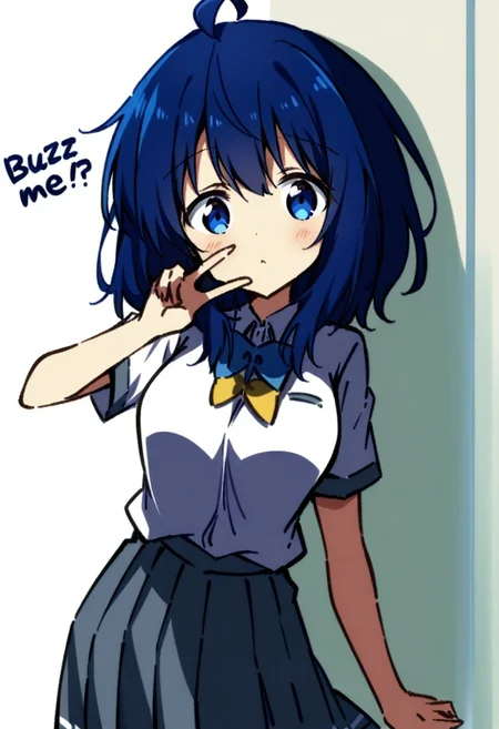 score_9, score_8_up, score_7_up,source_anime,BREAK, 1 girl, Yanami Anna with a sign with text "Buzz me?", <lora:buzz-text:.0.8>, blue_eyes, blue_hair, medium_hair, ahoge, medium_breasts, blue_eyes, blue_hair, medium_hair, ahoge, medium_breasts, school_uniform, white_shirt, collared_shirt, bow, pleated_skirt, grey_skirt, short_sleeves , V over eye
