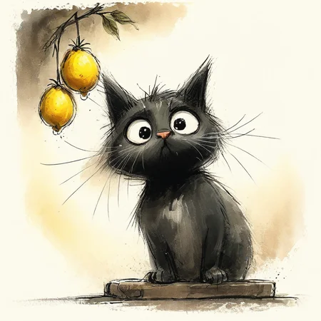 Close-up, Chinese traditional elements, Chinese Ancient Tang Dynasty, cute black kitty looking at lemon on tree, curious, colorful ink wash painting, delicate brushstrokes, rich details, high quality, movie-level lighting, cute, chubby, chibi, fuzzy <lora:Cute_Drawing:0.8>