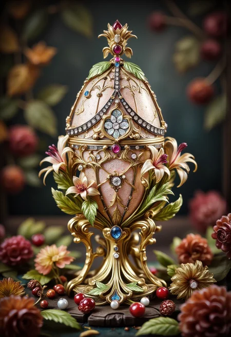 hyperdetailed ultra-detailed realistic, detailmaximizer,
extremely detailed best quality, reality-shot, realism, realistic photography of a an elaborate cristal Fabergé egg with very small gold ornaments in the Art Nouveau style. The egg is covered in pearls and topped with rose pink enamel on a guilloché field. The egg is supported by cabriole legs of green-gold leaves. The gold-stemmed lilies have green enameled leaves and flowers made of gold set with rubies, pearls, and diamonds in vivid colors. The Egg is girded with crisscrossed bands of rose-cut diamonds and surmounted by an crown, richly decorated with rose-cut diamonds and two cabochon rubies.The cristal Fabergé egg is placed on a pedestal a fairy-tale medieval table among flowers and autumn leaves, viburnum and rowan berries, intricate details, ultra sharp, exquisite detail, flawless composition, vivid colors, masterpiece, exciting background. High Definition HD, High Detail, Perfect Composition, dark fantasy movie, cowboy shot, bokehmachine, bokeh