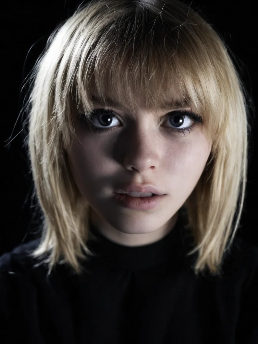 Cinematic fashion photograph Adeera_Addams_P_MXAI_SDXL , flirty expression, extreme closeup shot, black background,