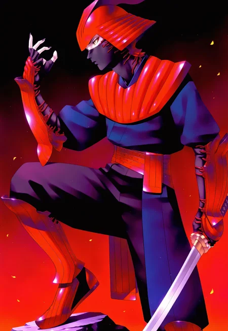 masterpiece, best quality, amazing quality, very aesthetic, absurdres, newest, chaoshdemonilxl, 1boy, male focus, red helmet,neck tendrils, arm tendrils, yellow eyes, lower face mask, black fingernails, black fingerless gloves, red gauntlets, red armor, blue hakama shirt, red sash, blue-black hakama pants, red greaves, standing pose, ((front view)), holding sword, (((action pose))), shoulder armor