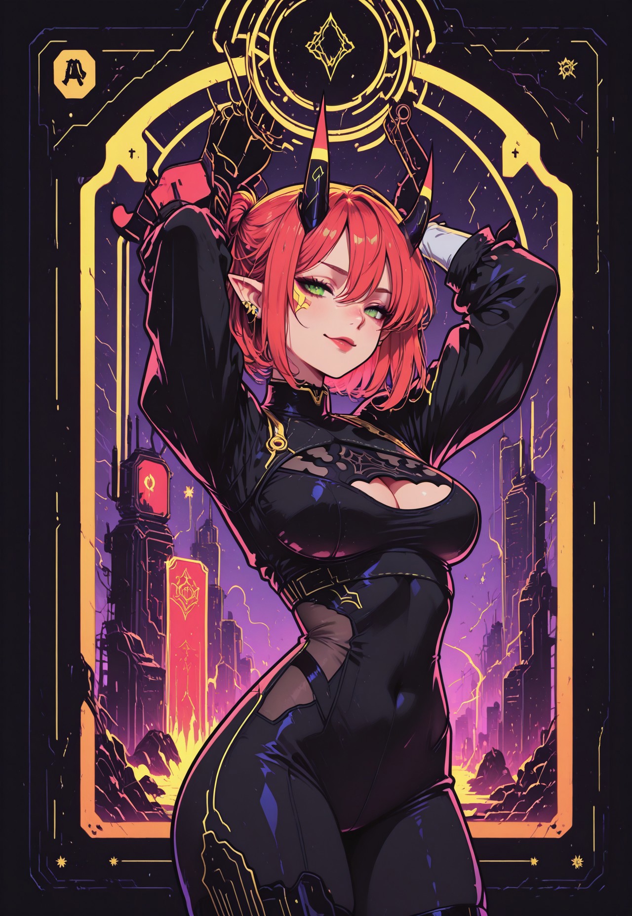 cyberpunk,gold lines,golden inlay,neon,neon color,surreal, black outline, tarot card illustration
BREAK
1girl, solo, smug, (2b \(nier:automata\), alternative costume), (red hair, short hair):1.1, green eyes, dark red lipstick, elf ears, ear piercing, oni horns, black horns, large breasts, arms up,
black bodysuit, two tone bodysuit,
cyberspace background, Flatline, Flat vector illustration, Black outline, Vivid colors
