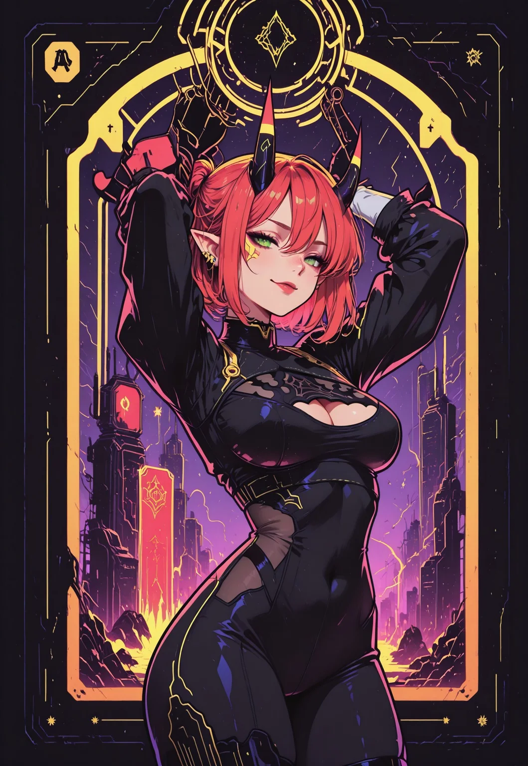 cyberpunk,gold lines,golden inlay,neon,neon color,surreal, black outline, tarot card illustration
BREAK
1girl, solo, smug, (2b \(nier:automata\), alternative costume), (red hair, short hair):1.1, green eyes, dark red lipstick, elf ears, ear piercing, oni horns, black horns, large breasts, arms up,
black bodysuit, two tone bodysuit,
cyberspace background, Flatline, Flat vector illustration, Black outline, Vivid colors