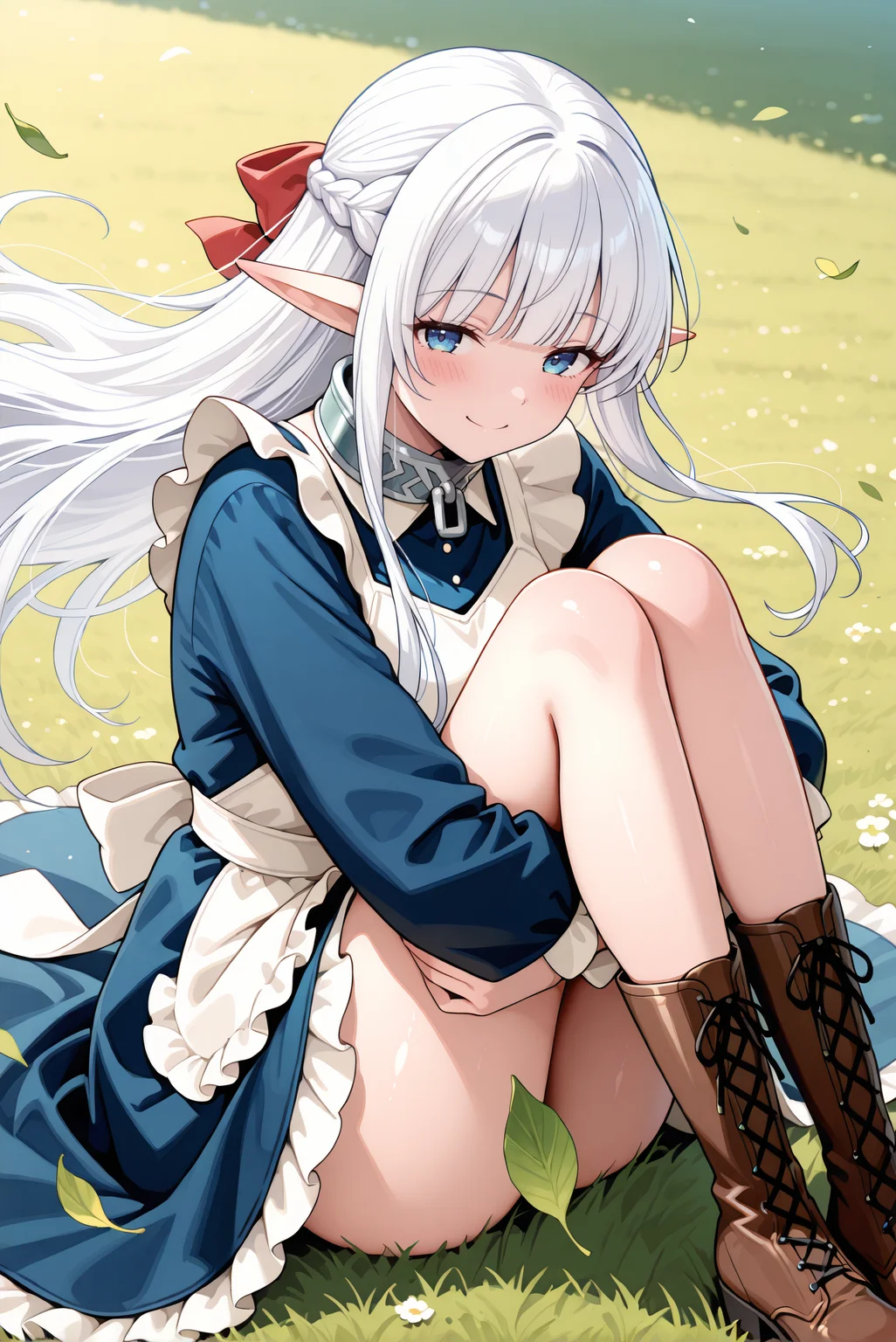 masterpiece, best quality, very aesthetic, absurdres, ultra-detailed, highly detailed, shiny skin, (wind lift:1.2), blush, (long dress:1.2), floating hair, blush, brown footwear, convenient censoring, hugging own legs, knees to chest, ((knees up:1.2)), half-closed eyes, blush, falling leaves, leaves, cowboy shot, (lace-up boots:1.2), from side, ass,
meadow, wind, outdoors, smile, looking at viewer, sitting, on grass,
<lora:Nephelia-08:1> nephelia, 1girl, long hair, white hair, braid, pointy ears, french braid, elf, blue eyes, ribbon, apron, sidelocks, dress, bow, hair ribbon, maid, hair bow, frills, blunt bangs, blue dress, white apron, collar, red bow, metal collar,
<lora:illustrious_noobai_epsilon_pred_11_very_aesthetic_v1_1029791:1>
(lazypos:0.7)