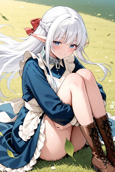 masterpiece, best quality, very aesthetic, absurdres, ultra-detailed, highly detailed, shiny skin, (wind lift:1.2), blush, (long dress:1.2), floating hair, blush, brown footwear, convenient censoring, hugging own legs, knees to chest, ((knees up:1.2)), half-closed eyes, blush, falling leaves, leaves, cowboy shot, (lace-up boots:1.2), from side, ass,
meadow, wind, outdoors, smile, looking at viewer, sitting, on grass,
<lora:Nephelia-08:1> nephelia, 1girl, long hair, white hair, braid, pointy ears, french braid, elf, blue eyes, ribbon, apron, sidelocks, dress, bow, hair ribbon, maid, hair bow, frills, blunt bangs, blue dress, white apron, collar, red bow, metal collar,
<lora:illustrious_noobai_epsilon_pred_11_very_aesthetic_v1_1029791:1>
(lazypos:0.7)