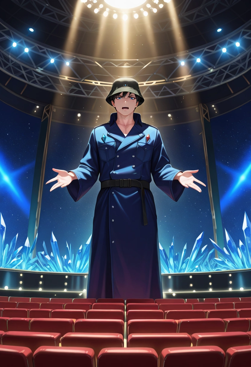 masterpiece, best quality, intricate details, (realistic:0.6), , 1boy, solo, male focus, <lora:yukio_okumura_ilxl:0.9>, yukio_okumura, black hair, blue eyes, mole, mole under eye, , crystal theater, gem seats, light stage, performance space, performing pose, dramatic expression, stage lighting, , bucket hat