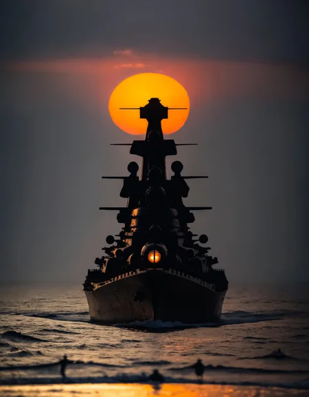 zavy-slhtt, silhouette of a battleship in front of a rising sun on a stormy ocean, 100mm f/2.8 macro lens,