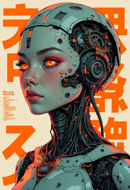 Japanese Manga style Poster with bold large fonts and graphics, Futuristic digital art style using bold colors, depicting a female cyborg bust with detailed mechanical features, wearing large, glowing orange with intricate textures and vibrant colors. The scene should include a rich variety of elements, each contributing to the overall atmosphere. Lighting should be soft, diffused, and natural, enhancing the depth and realism of the scene. The mood is to be calm yet vibrant, creating a sense of serenity and wonder. Every detail in the scene should be meticulously rendered, emphasizing the contrast between light and shadow, and capturing the fine textures and subtle gradients. The color palette should be carefully chosen to evoke emotion, with each hue enhancing the aesthetic appeal of the overall composition. The final image should be immersive and captivating, drawing the viewer into its intricately detailed world.