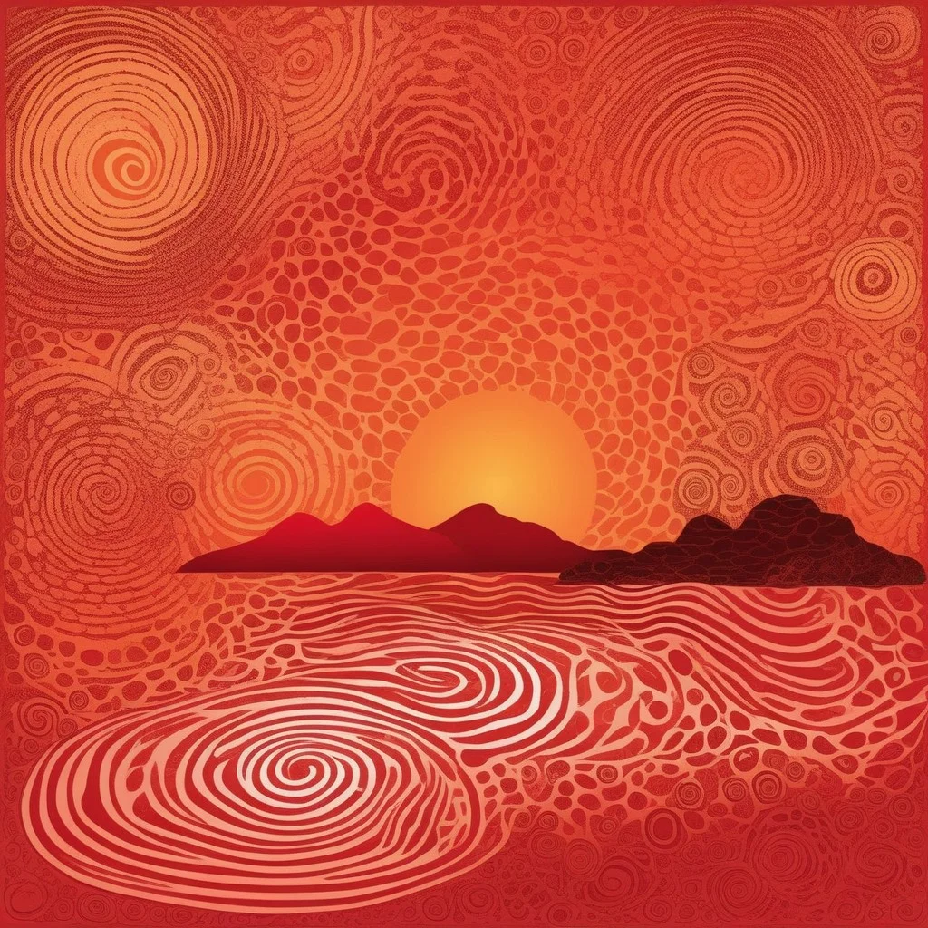 lino:halftone red-hot charred marbled thumbprint whorl sunset over idyllic island, shockwaves, aboriginal, interference pattern, rolling thunder, ocean swirl, little fluffy clouds, whirlpool, blood orange style