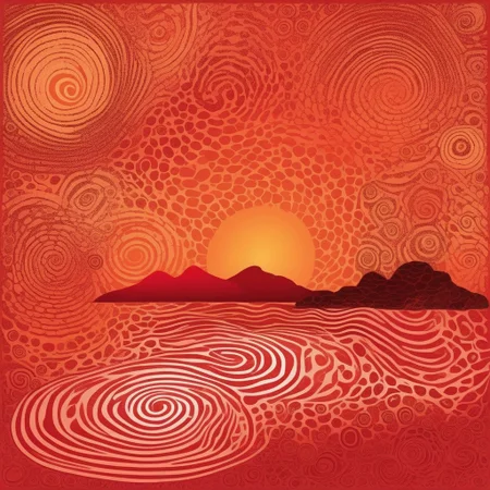 lino:halftone red-hot charred marbled thumbprint whorl sunset over idyllic island, shockwaves, aboriginal, interference pattern, rolling thunder, ocean swirl, little fluffy clouds, whirlpool, blood orange style