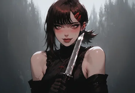 safe_pos, safe_pos, score_9, score_8_up, score_7_up, source_anime, kobenidef, mole under eye, mole under mouth, single sidelock, short ponytail, hairclip, brown hair, brown eyes,  shoulder holster, utility belt, wearing_nbu, black gloves, elbow gloves, black thighhighs, holding combat knife, 1girl,  piercings,  toned, excessive pubic hair,  hairy stomach, hairy armpits, happy trail, slender, thin, skinny, embarrassed, blushing, sexy posing, sweating, <lora:KLK_NudistBeach-IL:0.8>