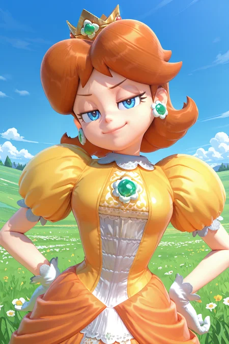 <lora:SSBU_Princess_Daisy-15:1>
2d, anime screencap, ssbu_princess_daisy, 1girl, brown hair, blue eyes, jewelry, gloves, earrings, crown, tiara, puffy shoulders, orange dress,
amazing quality,very aesthetic,absurdres,newest,
outdoors, meadow, blue sky, looking at viewer, upper body, hands on hips, (smug:.7),