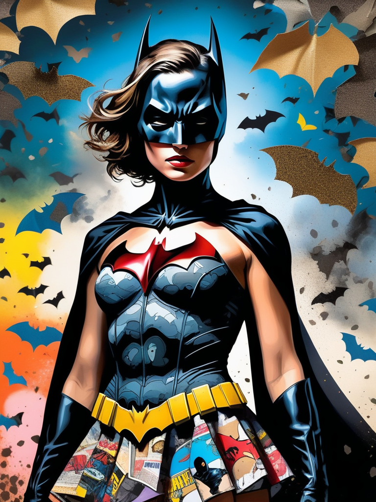 <lora:11VisualArt_Hap_XL:1.5>,Sandra Chevrier style,collage,torn paper effect ,pop art, comic book, Batman, Robin, superhero,  extremely detailed, ((beautiful silhouette of a female in a dress)), (epic oak tree, heavy backdrop lights), (whimsical colorful dustclouds background, dust particles, lots of detail), sharp focus,