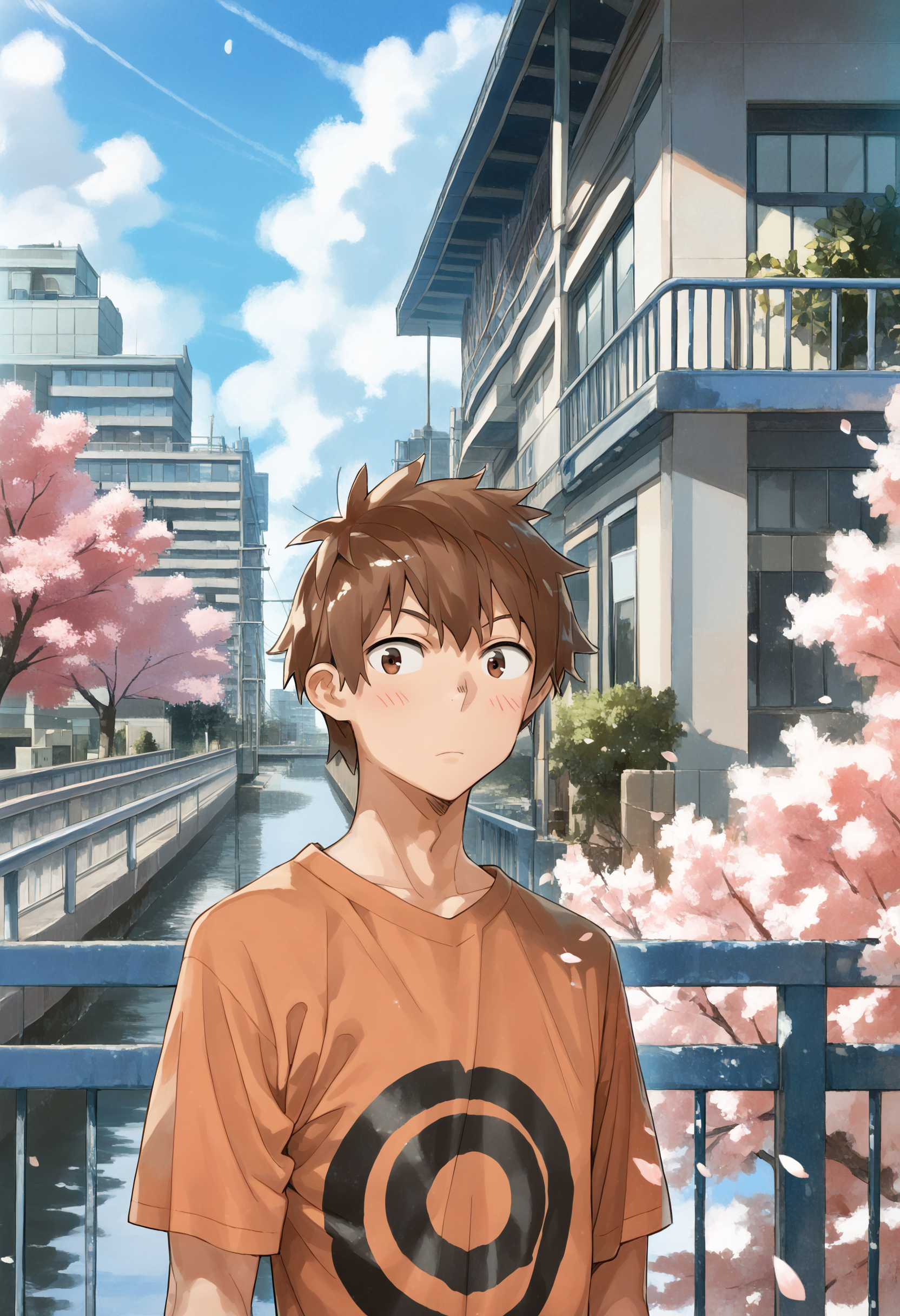 score_9, score_8_up, score_7_up, score_6_up,
by miyajima reiji, kinoshita kazuya, 1boy, brown hair, outdoors, cherry blossoms, blush, spiral print shirt, orange shirt, day, black hair, tree, sky, railing, cloud, petals, short hair, building, t-shirt, brown eyes, upper body, looking at viewer,
masterpiece, best quality
<lora:kanojookarisimasu_v10:1>