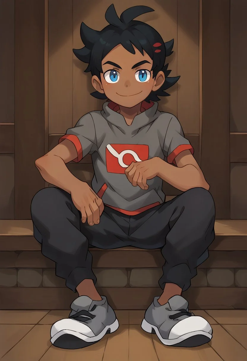 (masterpiece), 1boy, solo, Goh, black hair, blue eyes, dark skin, shirt, black pants, grey shoes, smile, sitting