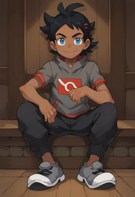 (masterpiece), 1boy, solo, Goh, black hair, blue eyes, dark skin, shirt, black pants, grey shoes, smile, sitting