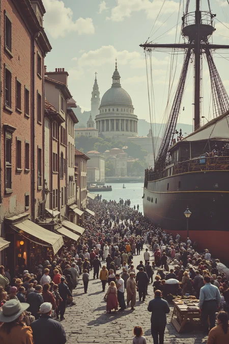 A bustling port city teems with life as a wave of newcomers disembarks from towering wooden ships. Families clutch their few belongings as they step onto the cobbled docks, their faces filled with a mix of exhaustion and hope. A weary mother holds her childâs hand tightly, while merchants and city officials oversee the influx with ledgers in hand. In the background, grand buildings rise, promising a new life, while street vendors offer food to the hungry travelers. <lora:OBInstant camera portrait photography V2.0:1.0>, <lora:Dark side of light:0.55>, <lora:aidmaFLUXPro1.1-FLUX-v0.3:1.0>, <lora:Glitchcore_Flux:0.8>,