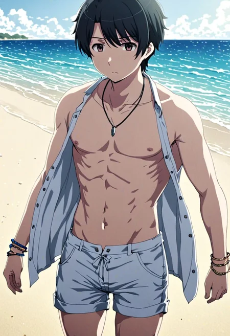 high resolution, solo, best quality, 1Boy, Inaho Kaizuka, Black Hair, shallow depth of field, beach, open shirt, shorts, sixpack, necklace, bracelet, OverallDetail