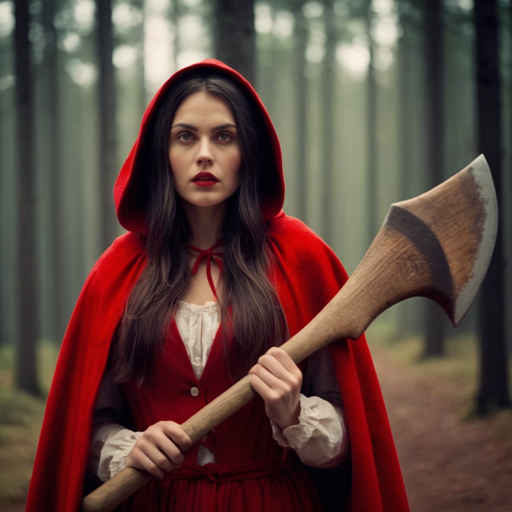 cinematic film still of  <lora:Little Red Riding Hood:1.2> Cinematic Film Scene
Little Red Riding Hood a woman dressed in a red cloak holding a big wodden axe, shallow depth of field, vignette, highly detailed, high budget, bokeh, cinemascope, moody, epic, gorgeous, film grain, grainy