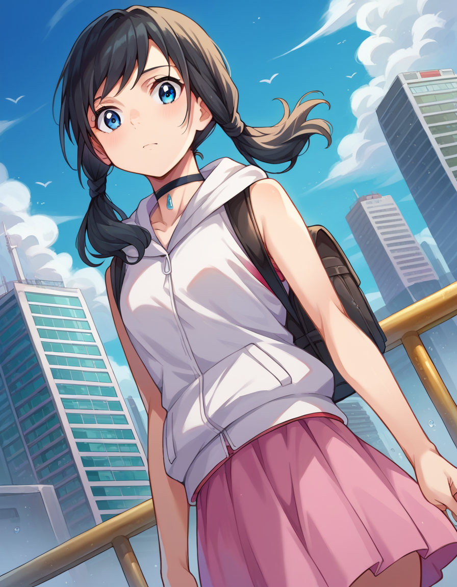 score_9, score_8_up, score_7_up, source_anime,
hinaamano, <lora:hina-amano-ponyxl-lora-nochekaiser:1>,
hina amano, black hair, twintails, blue eyes,
skirt, jacket, sleeveless, choker, hood, bag, hoodie, white jacket, backpack, hood down, hooded jacket, pink skirt, sleeveless jacket, sleeveless hoodie,
outdoors, cityscape,
looking at viewer, dutch angle, cowboy shot,