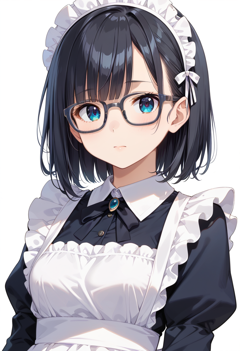 score_9, score_8_up, score_7_up, rating_safe, masterpiece, best quality, absurdres, unity 8k wallpaper, official art, official style, source_anime, uncensored, game cg, megami magazine,
1girl, solo, black hair, medium hair, upper body, covered eyes,maid, maid headdress, black dress, maid apron, face focus,
Wellington22A, glasses, white background, simple background, grey-framed eyewear
 <lora:glasses_Wellington22A1_PONY_V1:1>