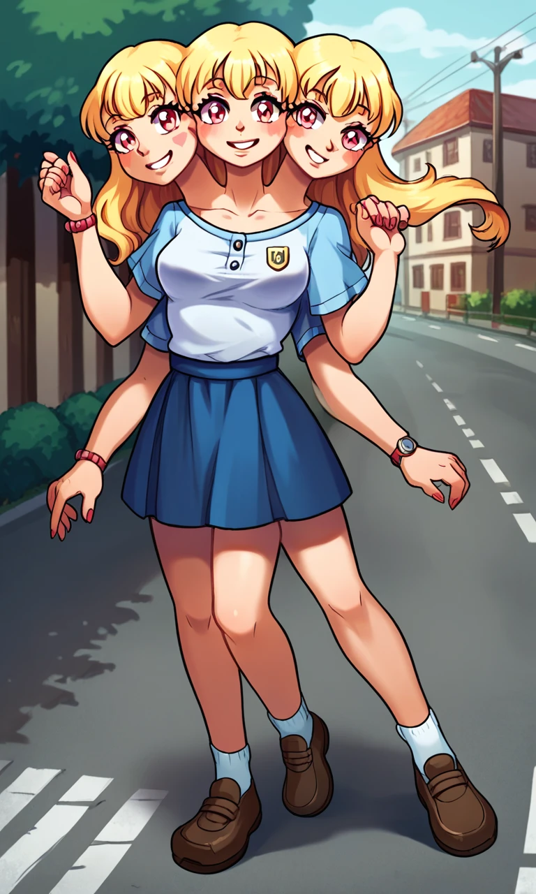 source_anime, score_9, score_8_up, score_7_up, three heads, four legs, four arms, conjoined, 1girl, multiple shirt, skirt, parking lot, smile