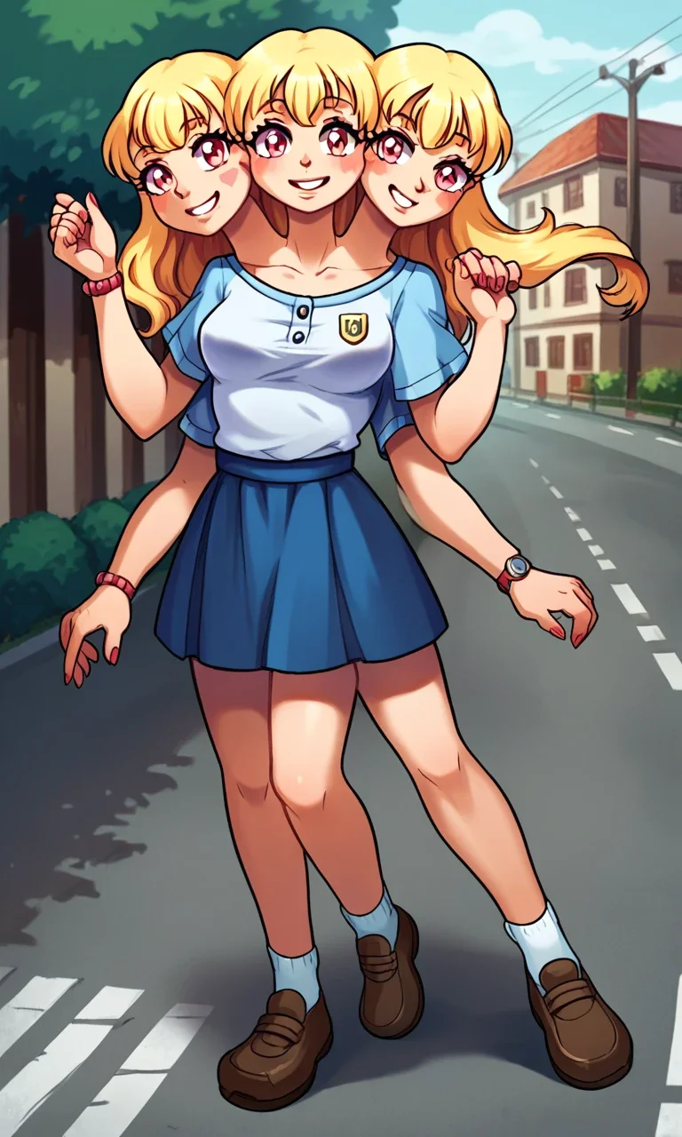 source_anime, score_9, score_8_up, score_7_up, three heads, four legs, four arms, conjoined, 1girl, multiple shirt, skirt, parking lot, smile