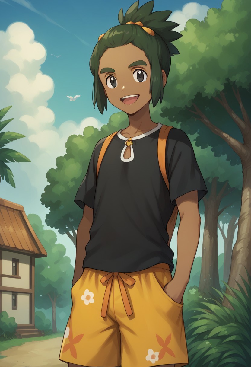 score_9, score_8_up, score_7_up, source_anime, highly detailed, 
haupk, 
1boy, dark-skinned male, male focus, black eyes, solo, shirt, shorts, dark skin, open mouth, green hair,
smile, orange shorts, floral print, black shirt, short ponytail, short sleeves,
standing, orange footwear, short hair, happy, upper body
outdoor, sky, tree, clouds
